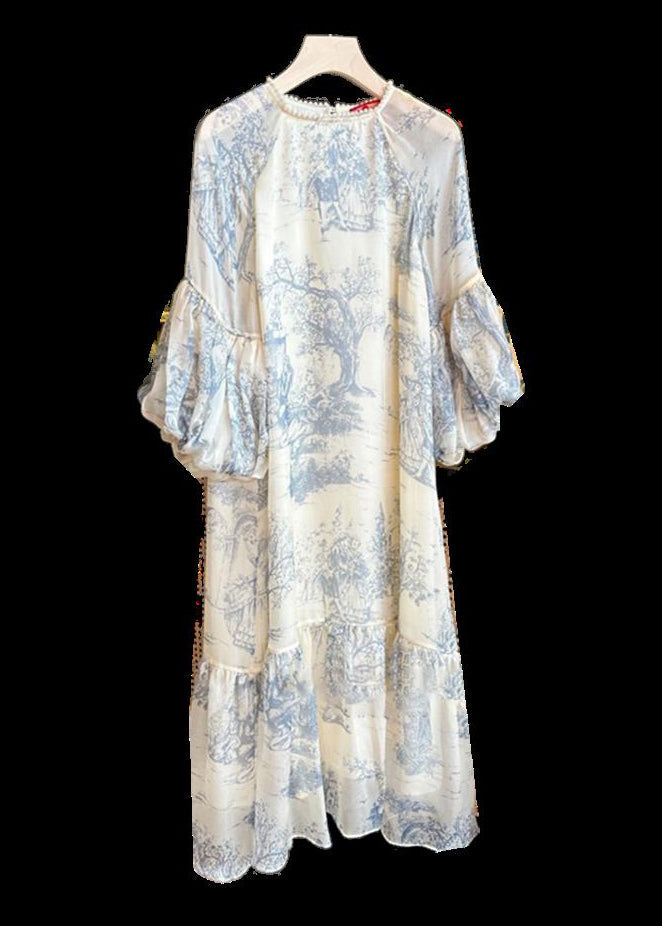 Beige Pearl Print Patchwork Dress Puff Sleeve