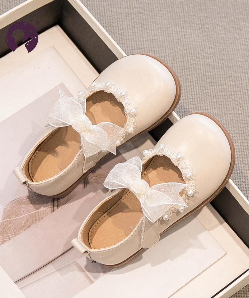 Beige Pearl Tulle Bow for Buckle Strap Platform Flat Shoes