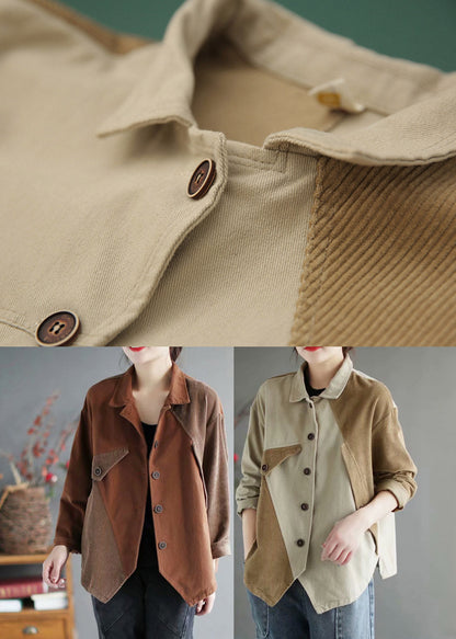 Beige Peter Pan Collar Patchwork Corduroy Coats Long Sleeve