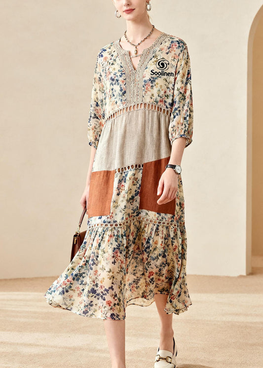 Beige Print Patchwork Hollow Out Cotton Maxi Dress Summer