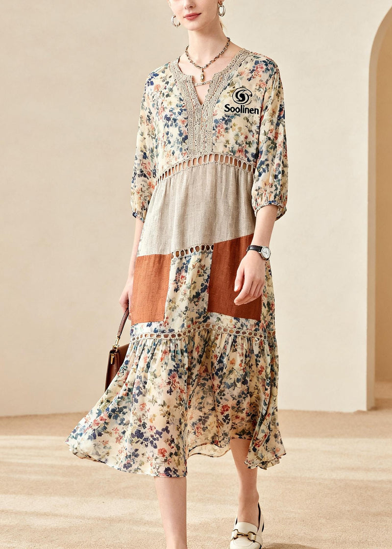 Beige Print Patchwork Hollow Out Cotton Maxi Dress Summer