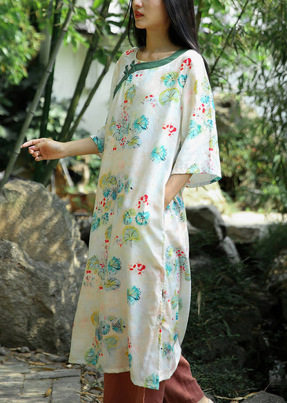 Beige Print Side Open Patchwork Cotton Dresses Bracelet Sleeve
