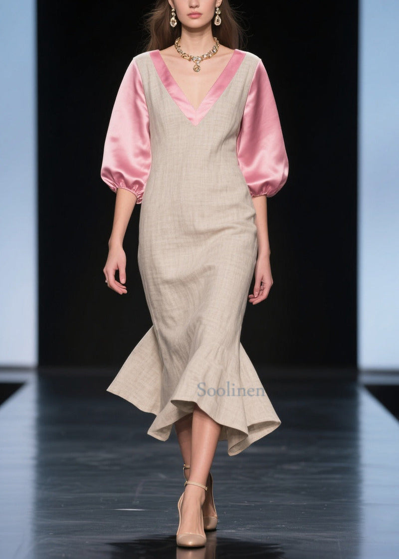Beige Puff Sleeve Patchwork Linen Silk Maxi Dress Summer