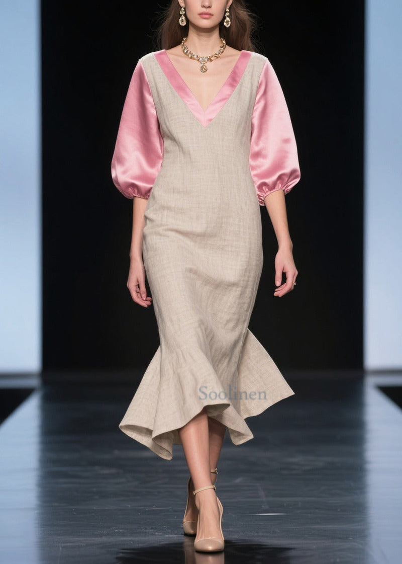 Beige Puff Sleeve Patchwork Linen Silk Maxi Dress Summer