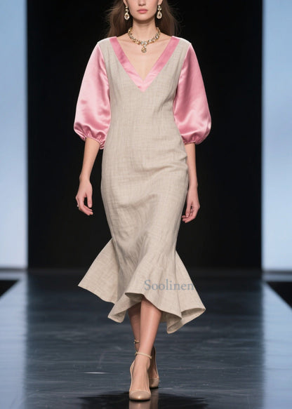 Beige Puff Sleeve Patchwork Linen Silk Maxi Dress Summer