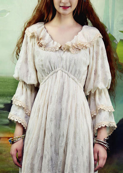 Beige Ruffled Silk Velour Long Dresses Puff Sleeve