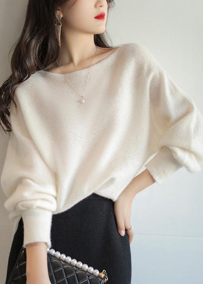 Beige Slash Neck Patchwork Woolen Knit Sweaters Fall