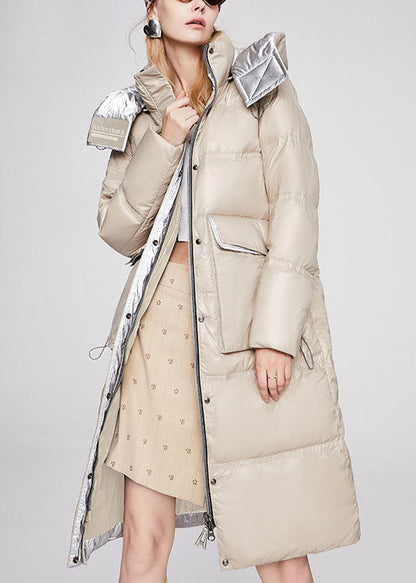 Beige Stand Collar Graphic Winter Duck Down Jacket