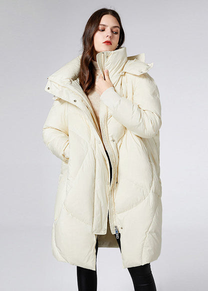Beige Stand Collar Hooded Duck Down Jacket in Winter