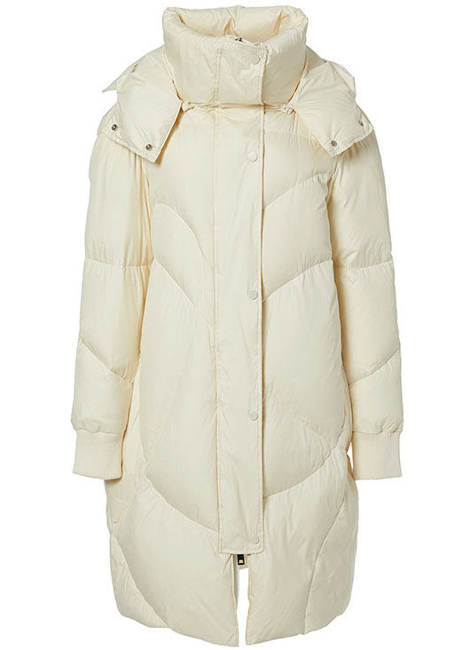 Beige Stand Collar Hooded Duck Down Jacket in Winter
