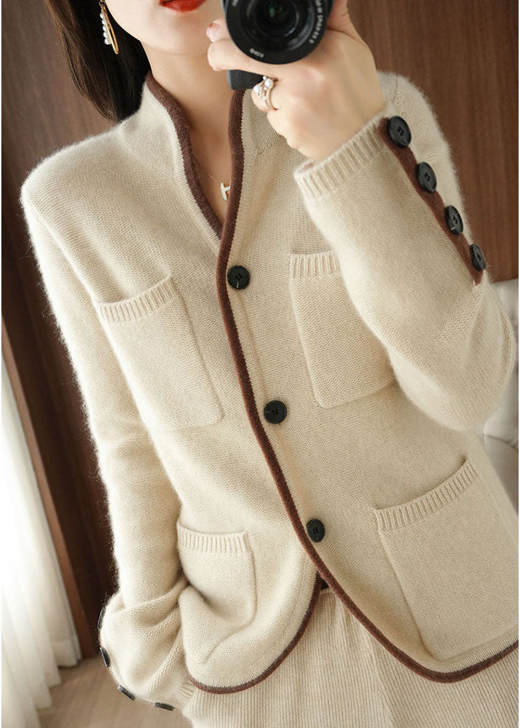 Beige Stand Collar Pockets Thick Knit Loose Cardigan Winter