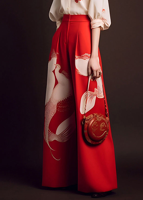 Beige Tops and Red Wide Leg Pants Chiffon Two Piece Set Fall