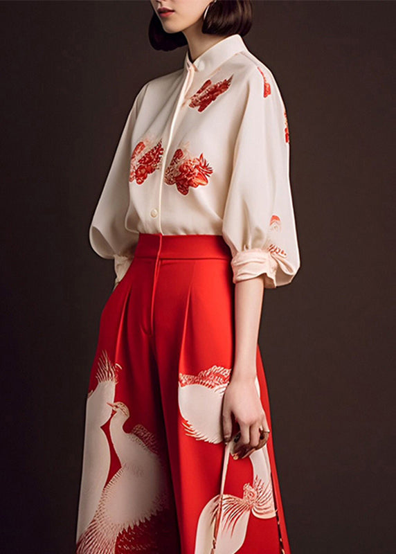Beige Tops and Red Wide Leg Pants Chiffon Two Piece Set Fall