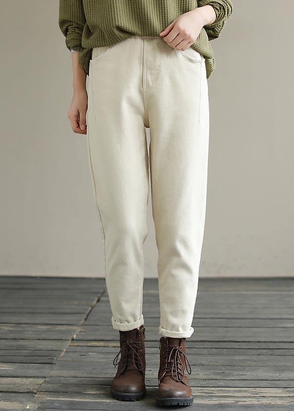 Beige Trousers Spring Elastic Waist Fabrics Pant