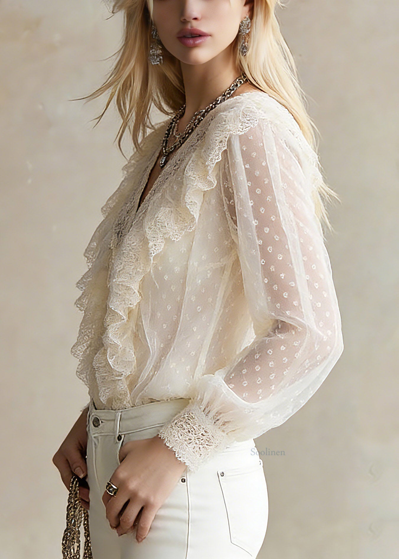 Beautiful Beige V Neck Dot Lace Tops Lantern Sleeve