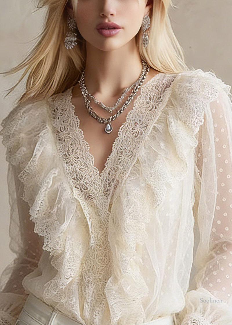 Beige V Neck Dot Lace Tops Lantern Sleeve