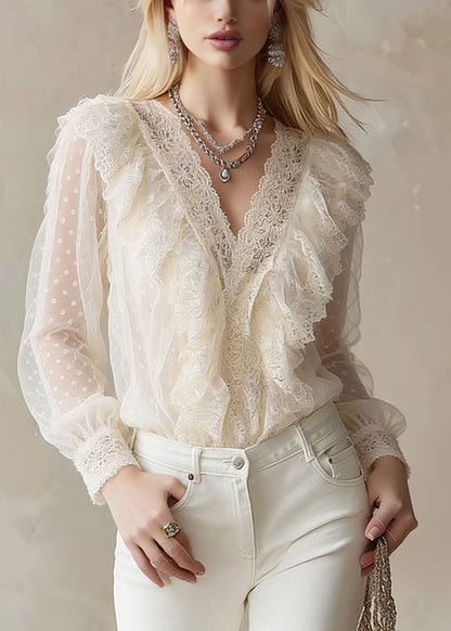 Beautiful Beige V Neck Dot Lace Tops Lantern Sleeve