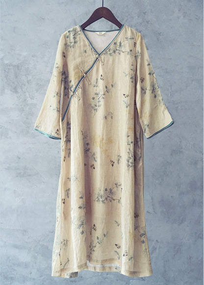 Beige V Neck Print Patchwork Linen Long Dresses Long Sleeve