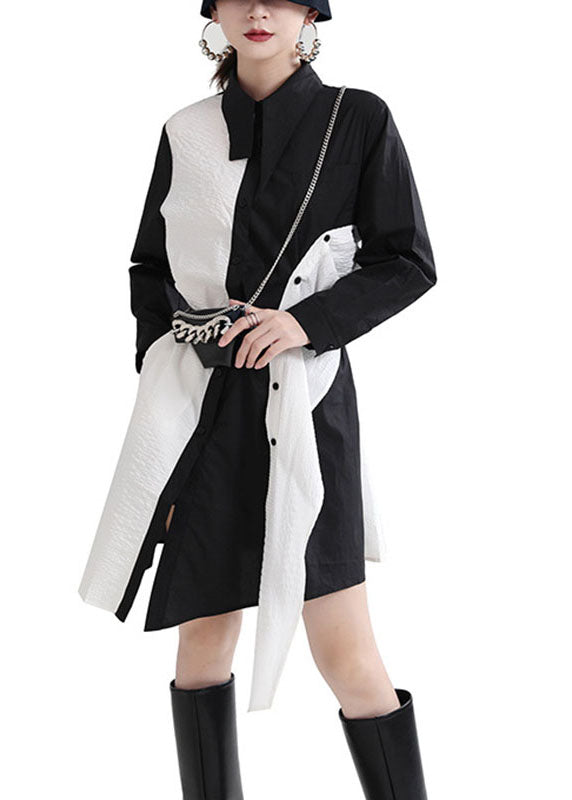 Black Asymmetrical Design Patchwork Fall Dresses Long Sleeve