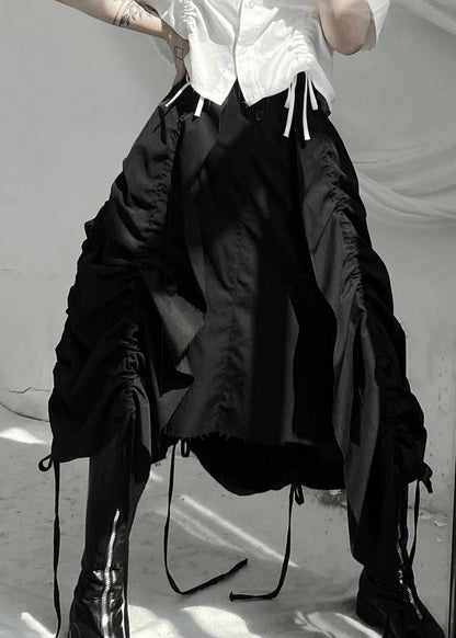 Black Asymmetrical Drawstring Low High Design Skirts Fall
