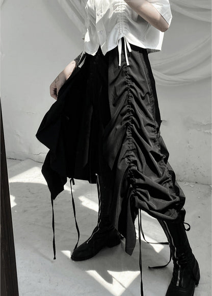 Black Asymmetrical Drawstring Low High Design Skirts Fall