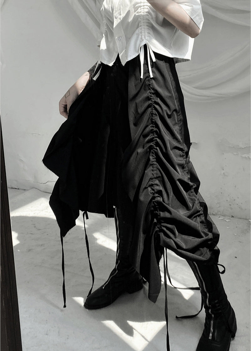 Black Asymmetrical Drawstring Low High Design Skirts Fall