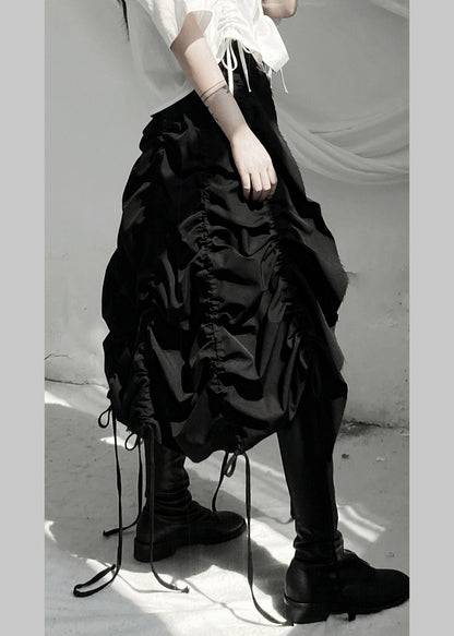 Black Asymmetrical Drawstring Low High Design Skirts Fall