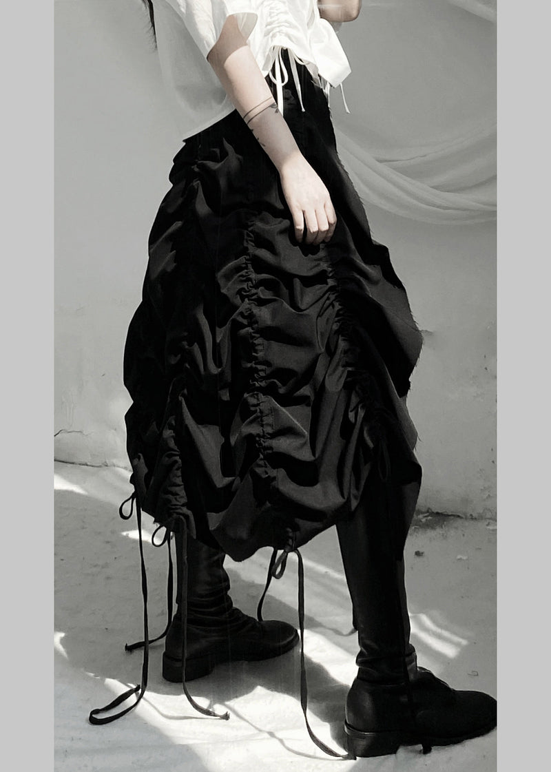Black Asymmetrical Drawstring Low High Design Skirts Fall