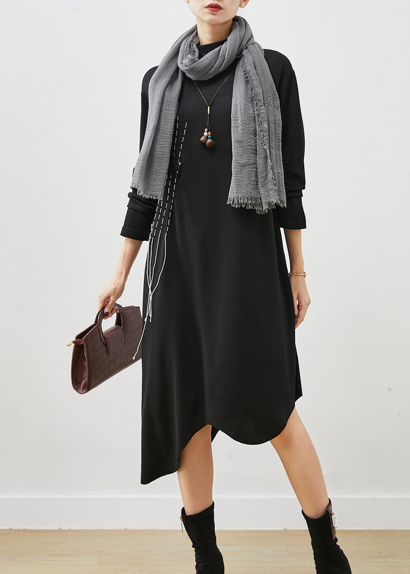 Black Asymmetrical Embroideried Cotton Dress Spring