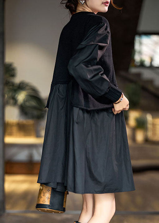 Black Asymmetrical Knit Patchwork Cotton Dresses