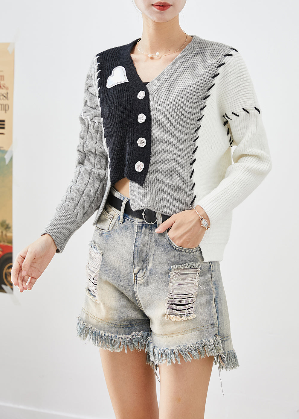 Black Asymmetrical Patchwork Knit Cardigan Fall
