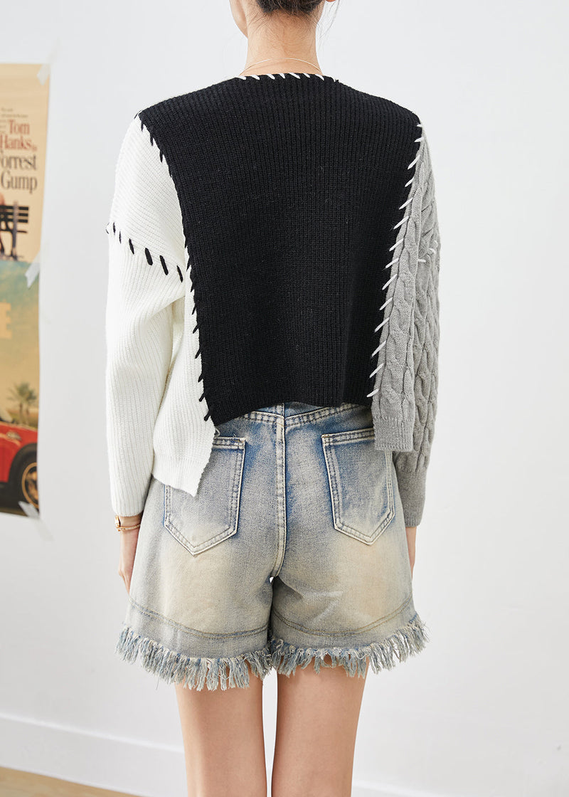 Black Asymmetrical Patchwork Knit Cardigan Fall