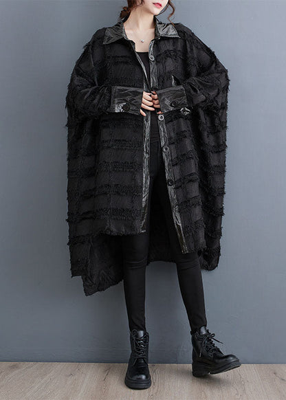 Black Asymmetrical Pockets Patchwork Button Trench Coats Fall