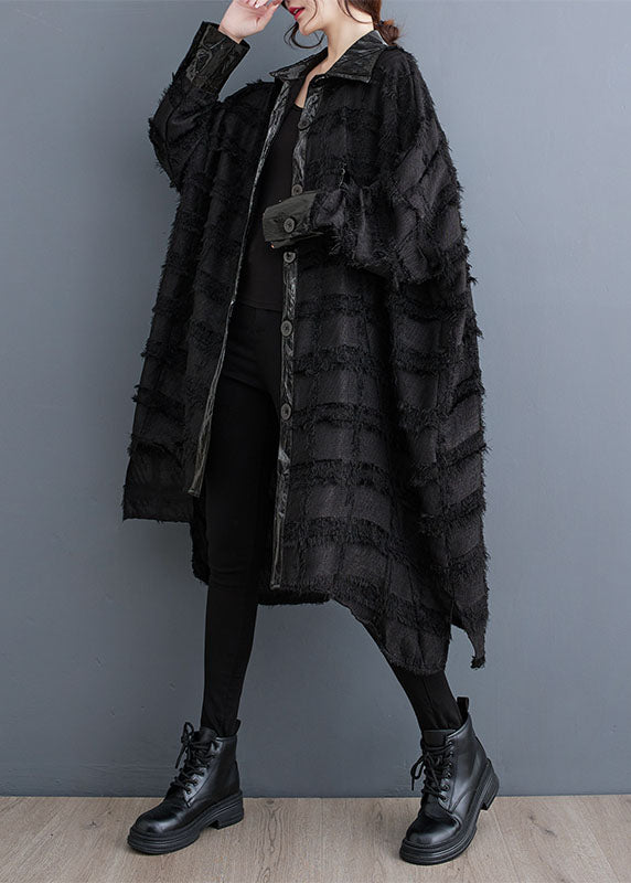 Black Asymmetrical Pockets Patchwork Button Trench Coats Fall