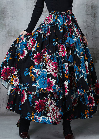 Black Asymmetrical Print Cotton Skirts Spring