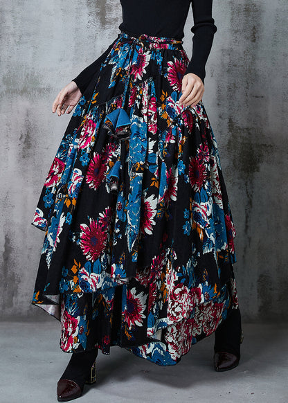 Black Asymmetrical Print Cotton Skirts Spring