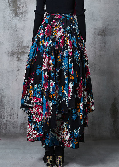 Black Asymmetrical Print Cotton Skirts Spring