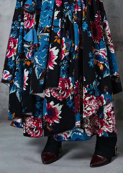 Black Asymmetrical Print Cotton Skirts Spring