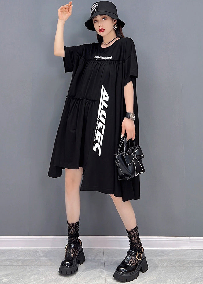 Black Asymmetrical Wrinkled Letter Print Cotton Dresses Short Sleeve