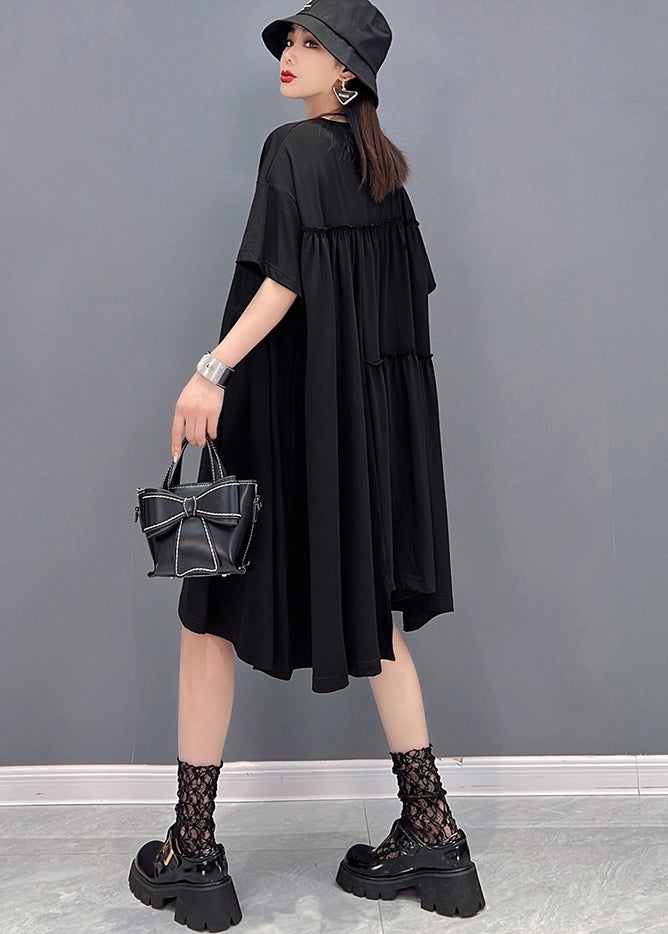 Black Asymmetrical Wrinkled Letter Print Cotton Dresses Short Sleeve