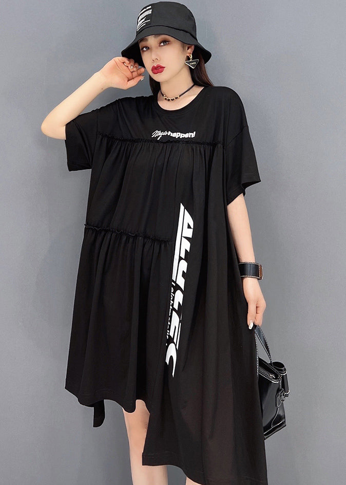 Black Asymmetrical Wrinkled Letter Print Cotton Dresses Short Sleeve