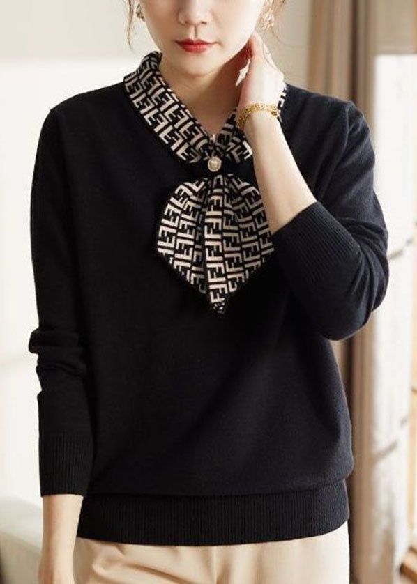 Black Bow Collar Print Knit Blouses Long Sleeve