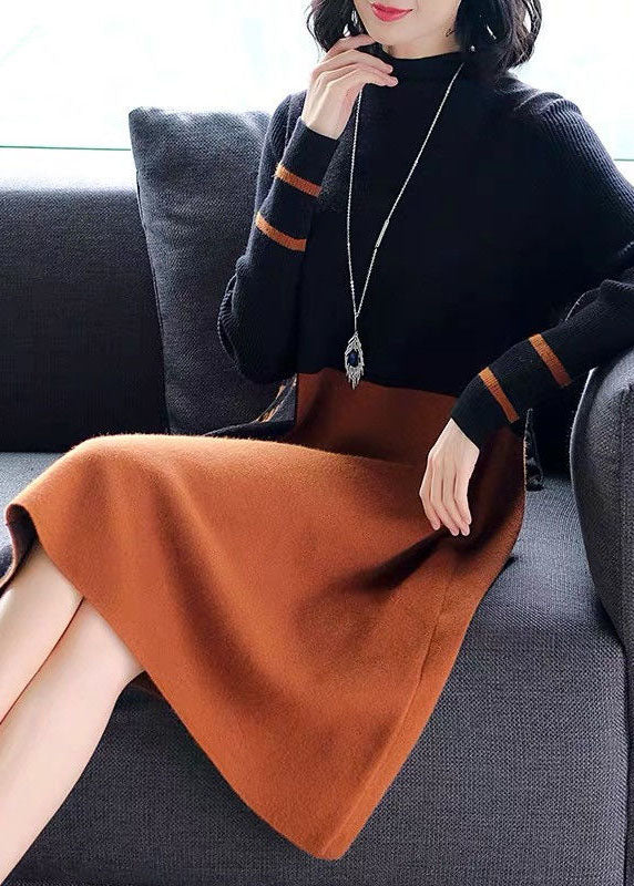 Black Brown Stand Collar Patchwork Jacquard Knitwear Dress Winter