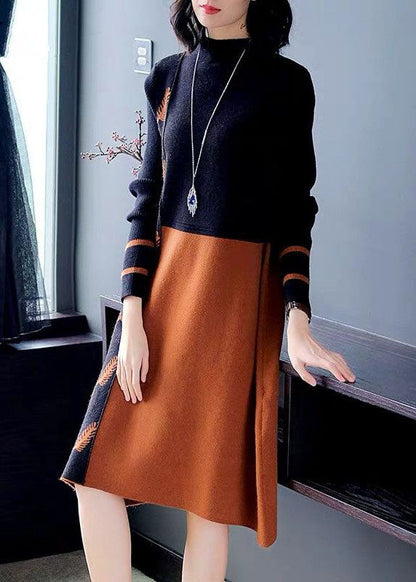 Black Brown Stand Collar Patchwork Jacquard Knitwear Dress Winter