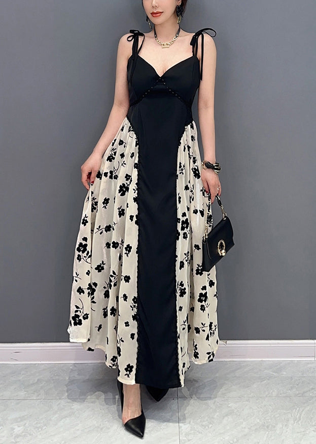 Black Bustier Top Patchwork Print Silk Spaghetti Strap Dress Summer
