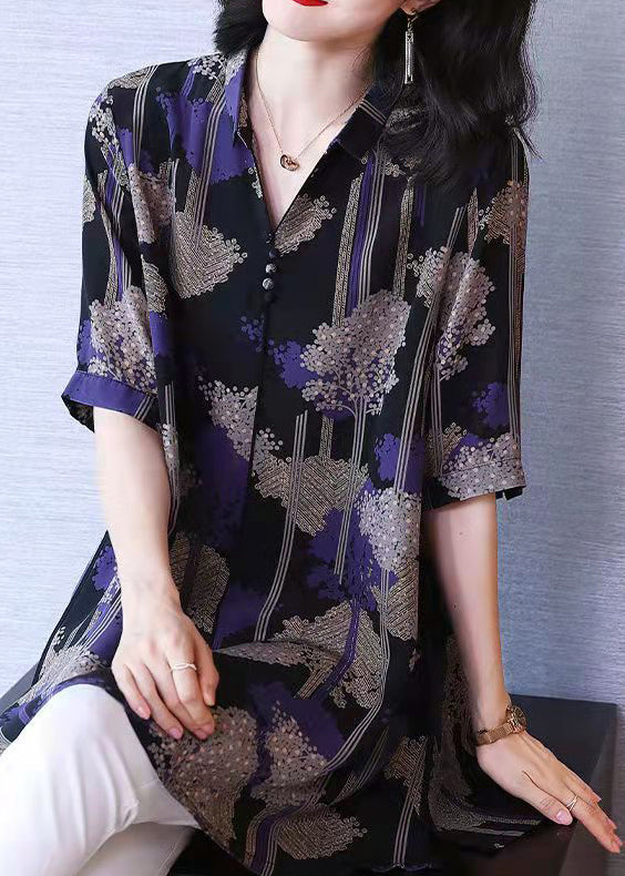 Black Button Peter Pan Collar Print Chiffon Shirt Tops Half Sleeve