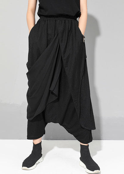 Black Chiffon Patchwork Asymmetrical Design Fall Pants