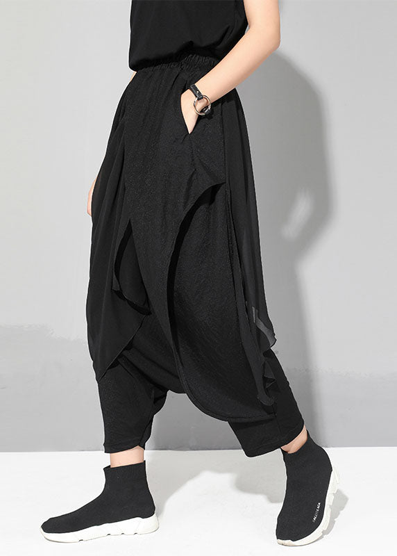 Black Chiffon Patchwork Asymmetrical Design Fall Pants