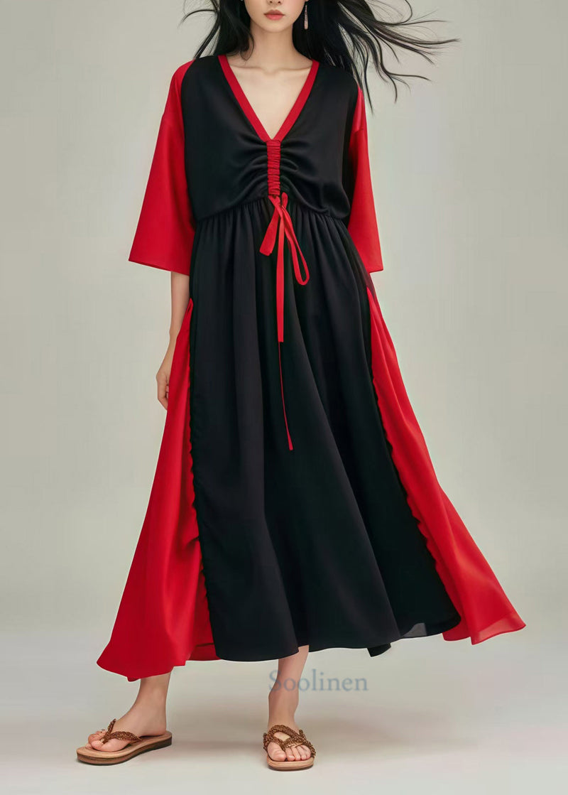 Black Cinched Patchwork Cotton Long Dress Summer