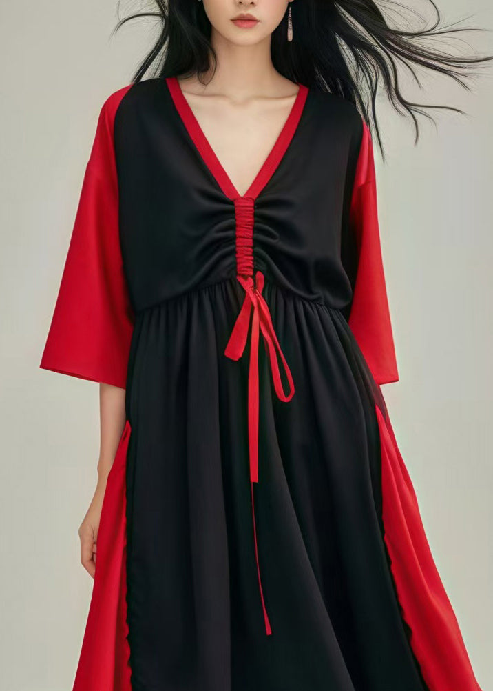 Black Cinched Patchwork Cotton Long Dress Summer